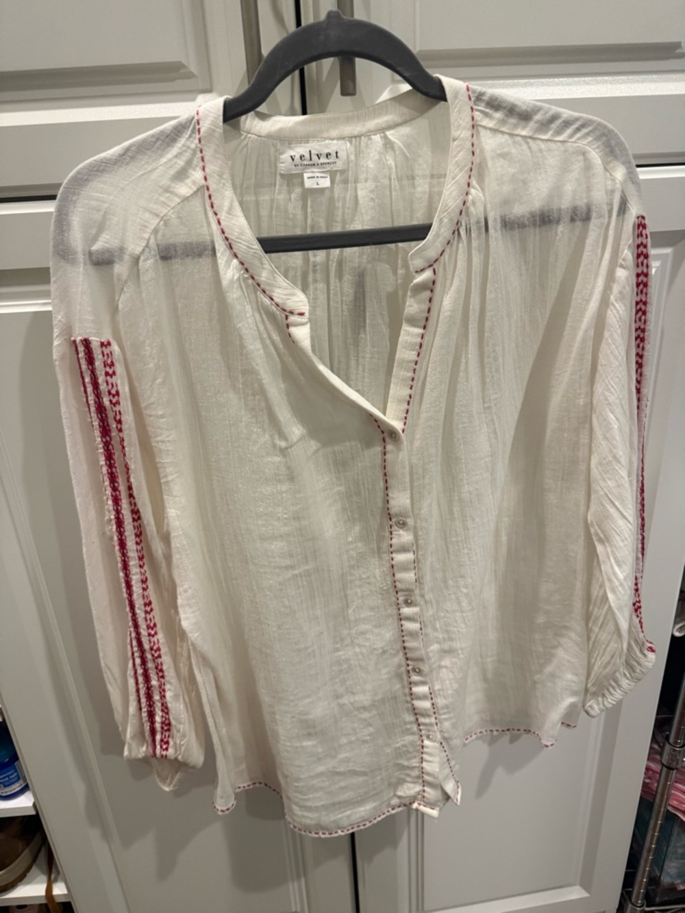 Velvet White Boho Peasant Blouse with Red Embroidery
